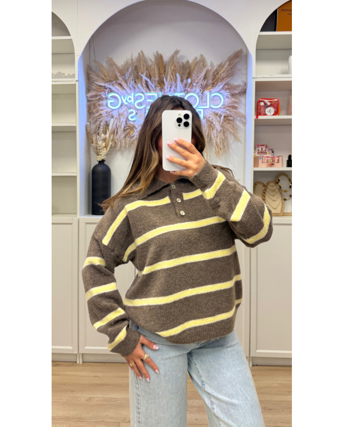 Pull polo rayé taupe & jaune