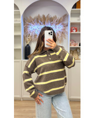 Pull polo rayé taupe & jaune