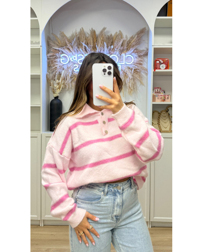 Pull Polo rayé rose & fushia