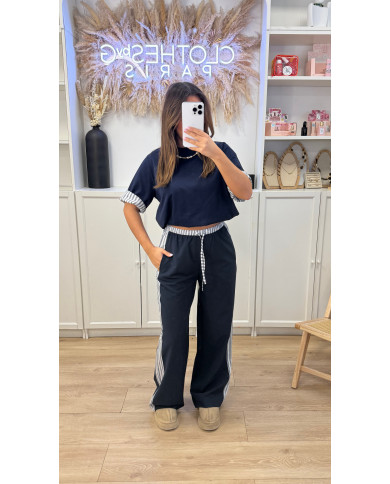 Pantalon bleu marine & rayé