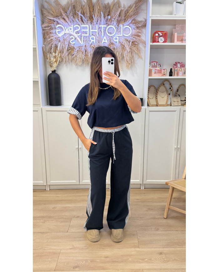 Pantalon bleu marine & rayé