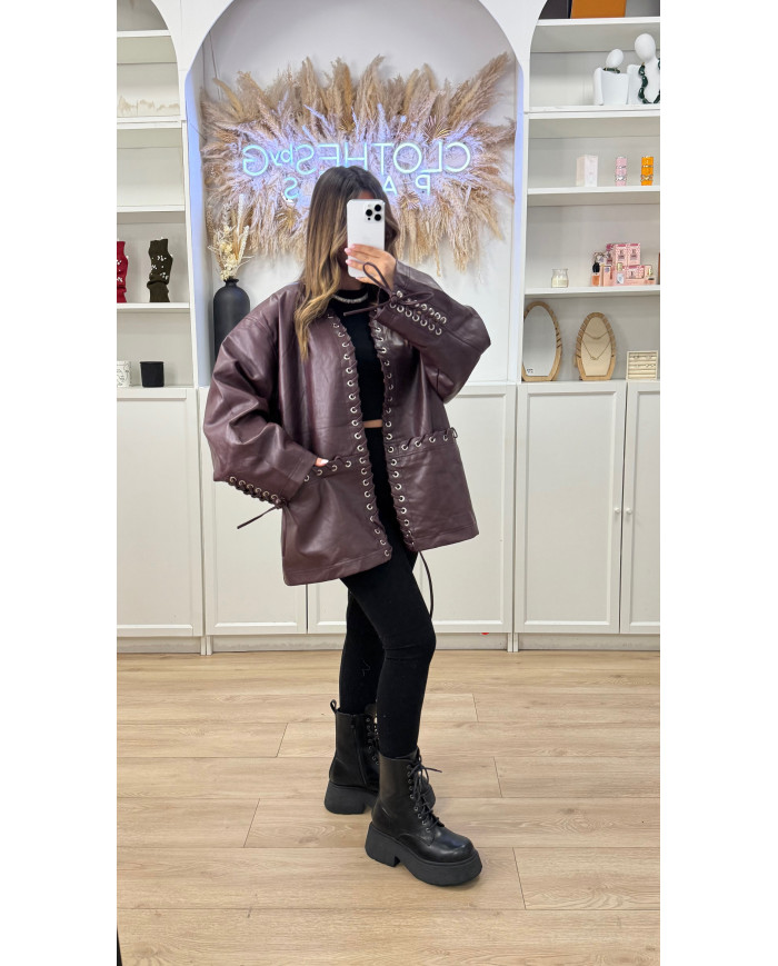 Veste Simili Oversize Lacets Bordeaux
