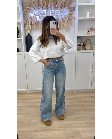 Jean évasé bleu détails perles