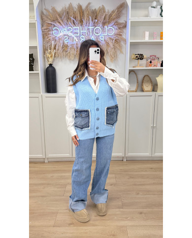 Cardigan sans manches poches jean bleu ciel