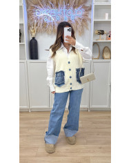 Cardigan sans manches poches jean bleu & noir