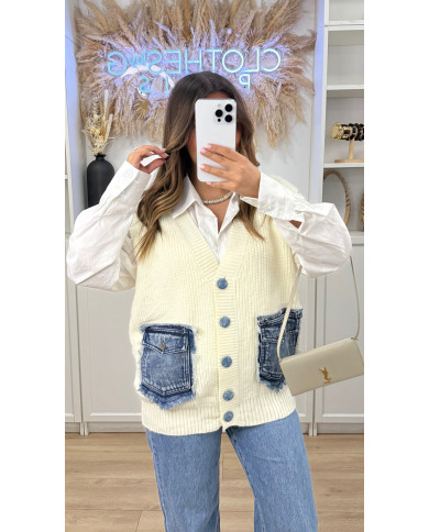 Cardigan sans manches poches jean & Beige