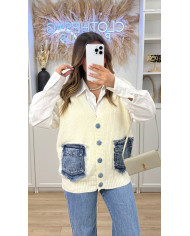Cardigan sans manches poches jean bleu Beige