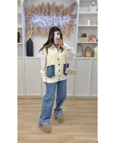 Cardigan sans manches poches jean bleu Beige