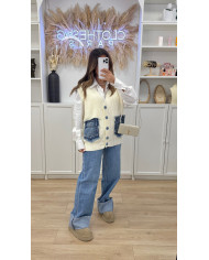 Cardigan sans manches poches jean bleu Beige