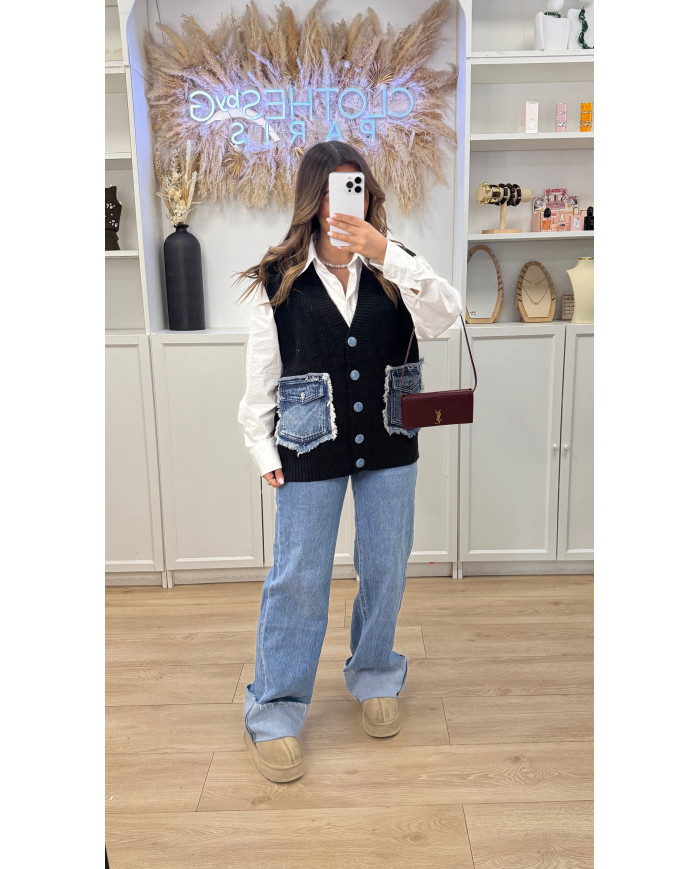 Cardigan sans manches poches jean bleu & noir