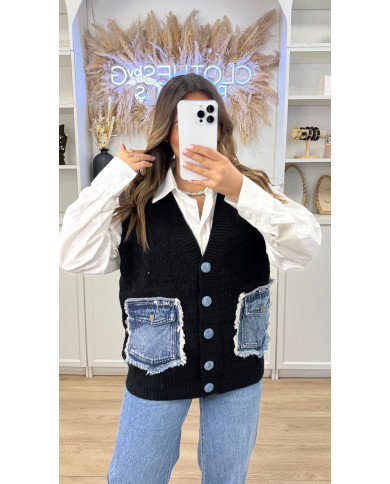 Cardigan sans manches poches jean bleu & noir