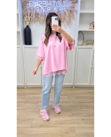 T-shirt dos dentelle Rose