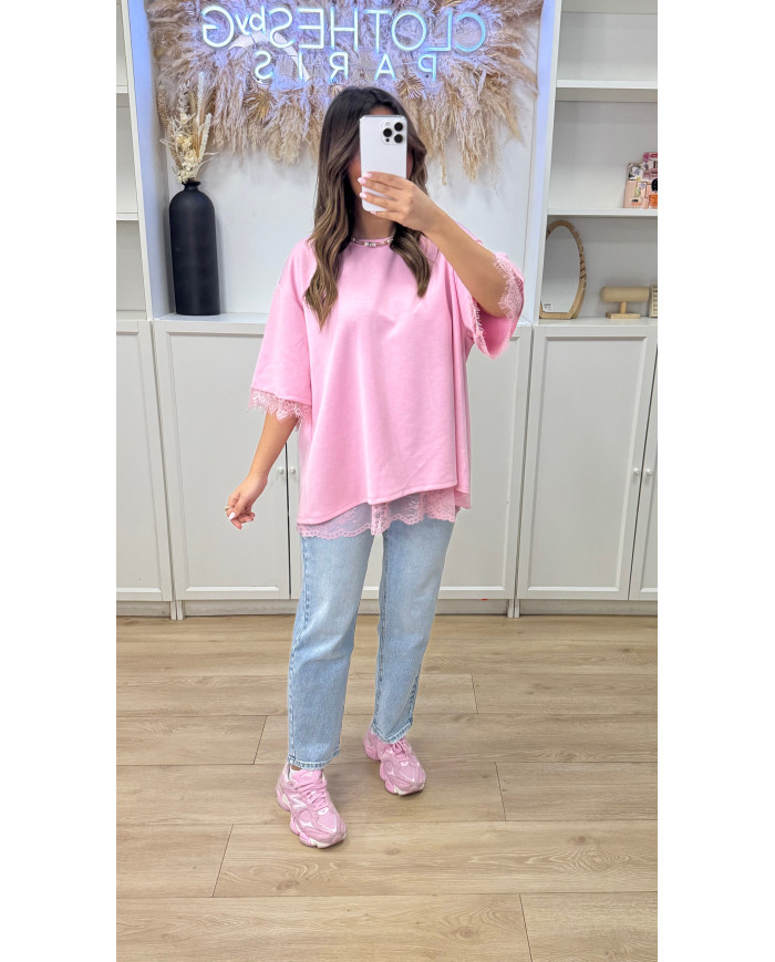 T-shirt dos dentelle Rose