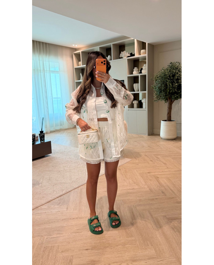 Ensemble Soie & Viscose Blanc détails perles vertes