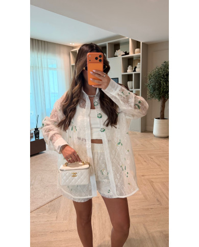 Ensemble Soie & Viscose Blanc détails perles vertes