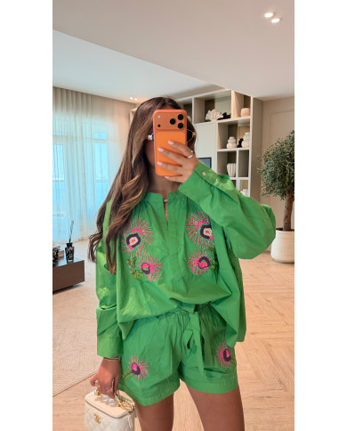 Ensemble Vert détails Perles Rose