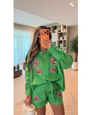 Ensemble Vert détails Perles Rose