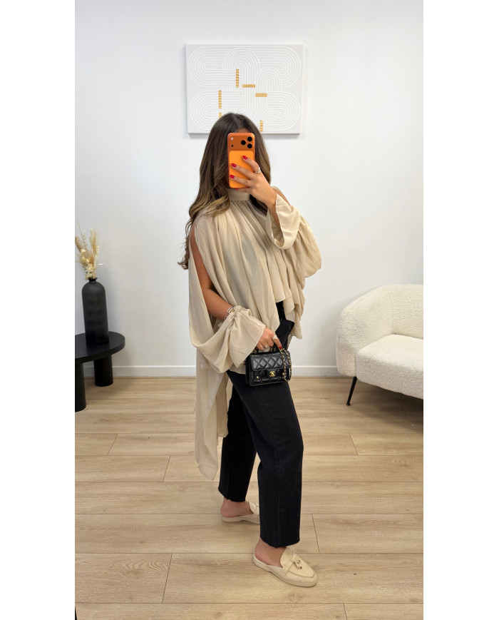 Chemisier Beige tulle manches ouvertes