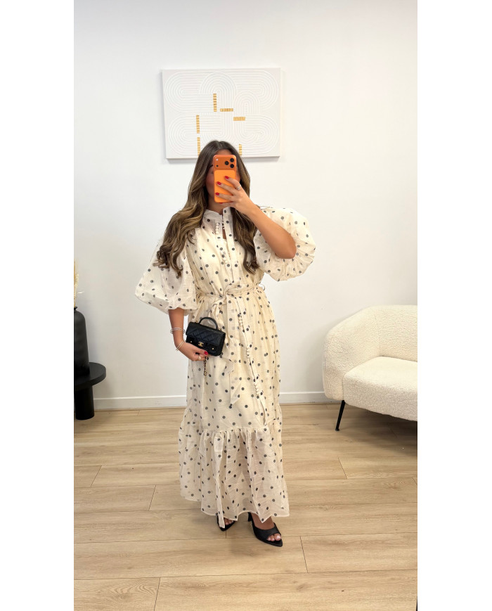 Robe Lina longue à pois beige