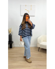 T-shirt dos ouvert rayé Bleu & blanc