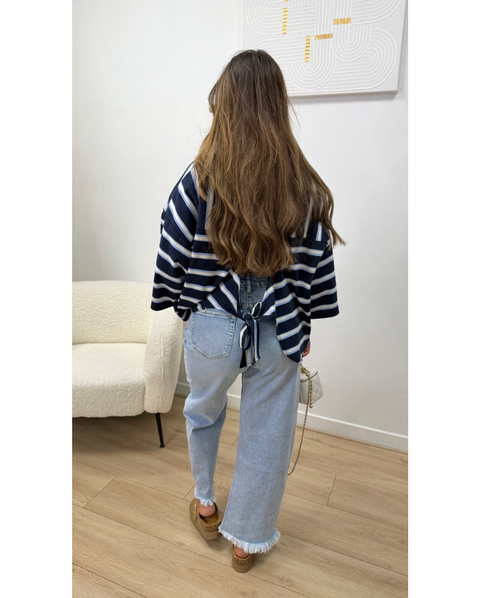 T-shirt dos ouvert rayé Bleu & blanc