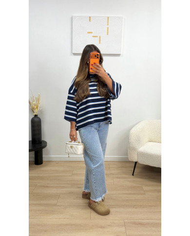 Jean mom effiloché bleu