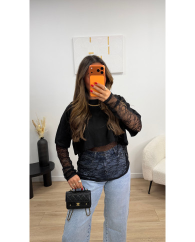 T-shirt crop dentelle noir