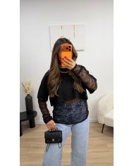 T-shirt crop dentelle noir