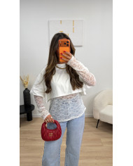 T-shirt crop dentelle noir