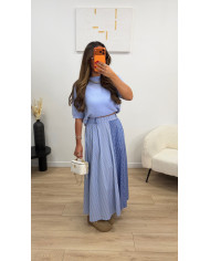 Jupe longue chemise bi matière bleu