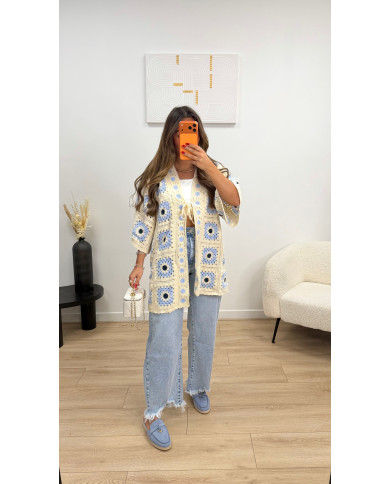 Gilet crochet long oversize bleu