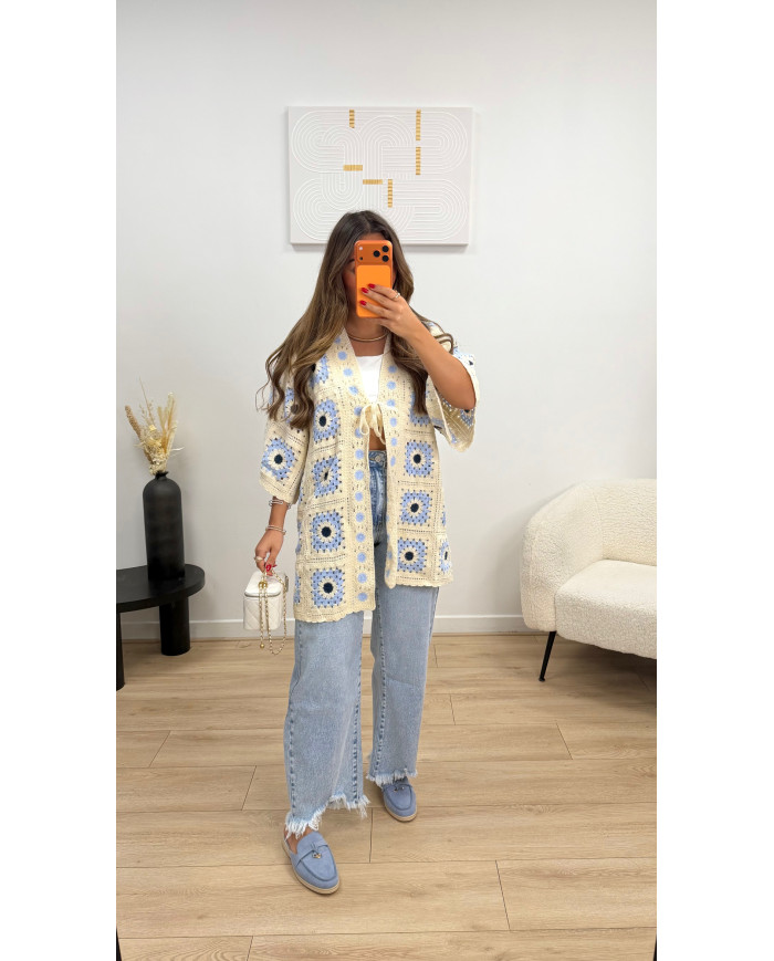 Gilet crochet long oversize bleu