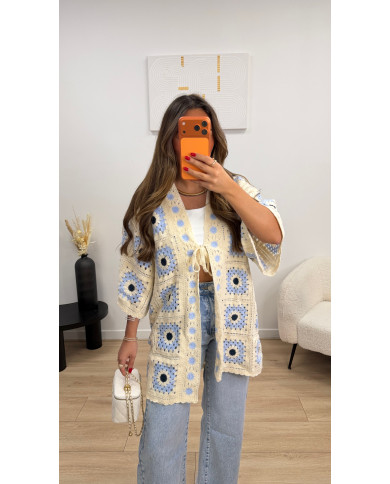 Gilet crochet long oversize bleu