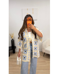 Gilet crochet long oversize bleu