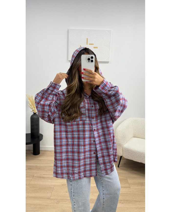 Surchemise à carreaux bleu & Bordeaux à capuche