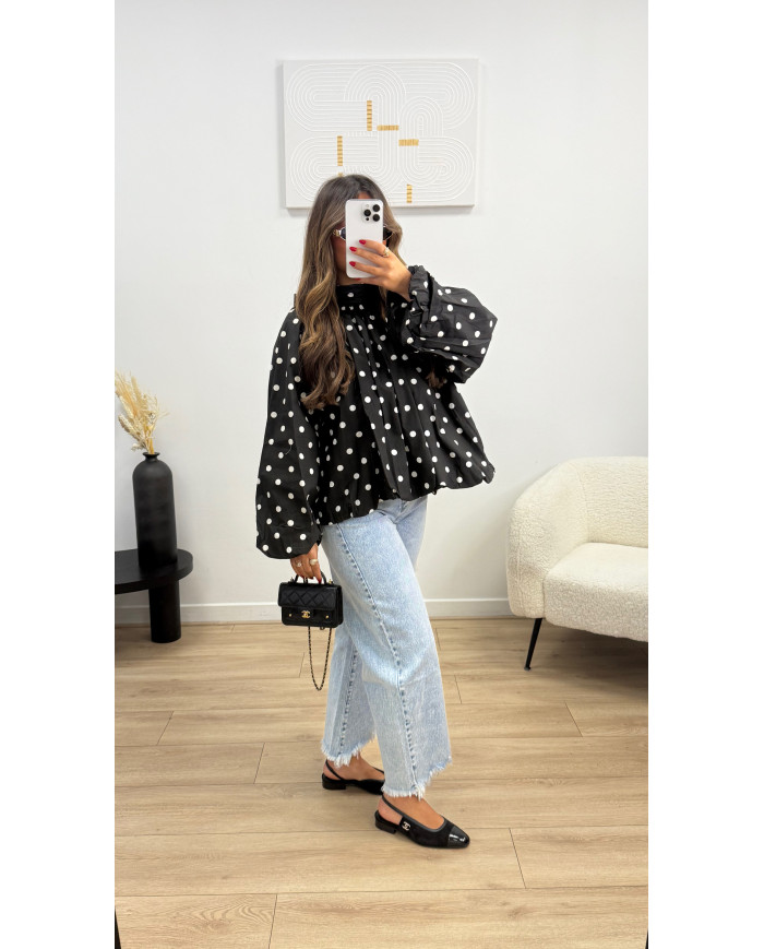 Chemise à pois dos ouverte noir (expédie 25 mars)
