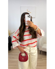 Haut crochet beige & rouge