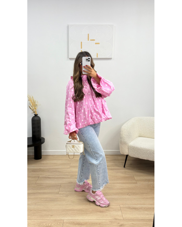 Chemise à pois dos ouverte rose2