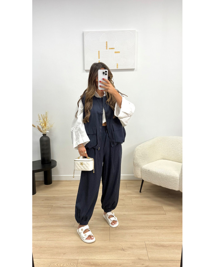 Pantalon pince ballon rayé bleu