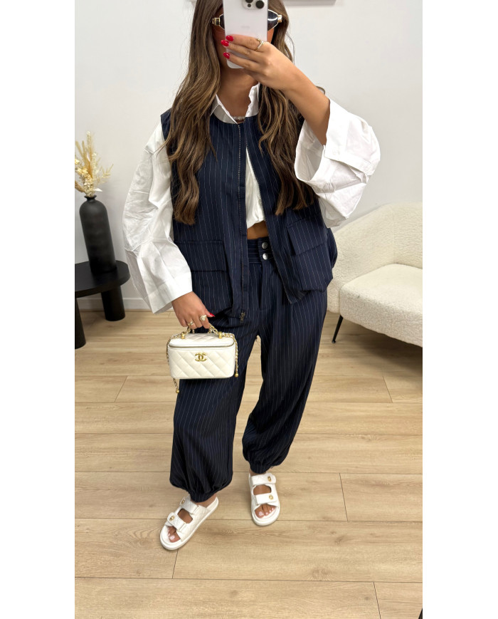 Veste cargo sans manches bleu marine rayé