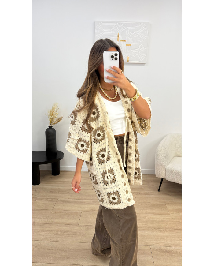 Gilet crochet long taupe