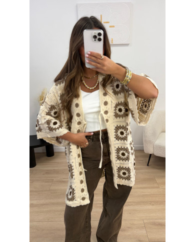 Gilet crochet long taupe