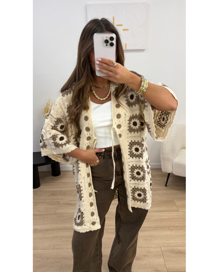 Gilet crochet long taupe
