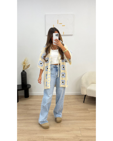 Gilet crochet long bleu