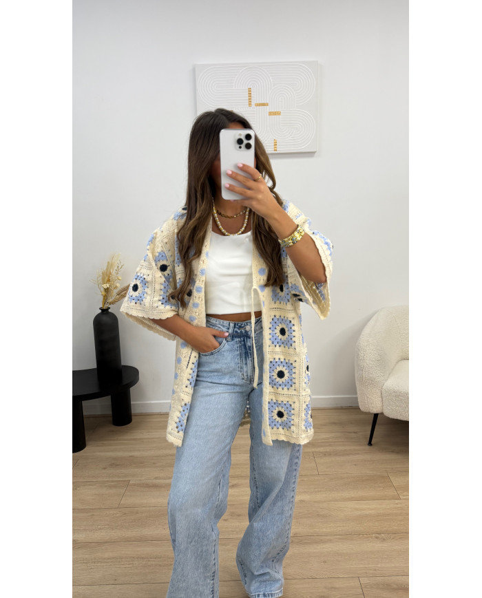 Gilet crochet long bleu