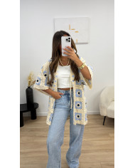 Gilet crochet long bleu