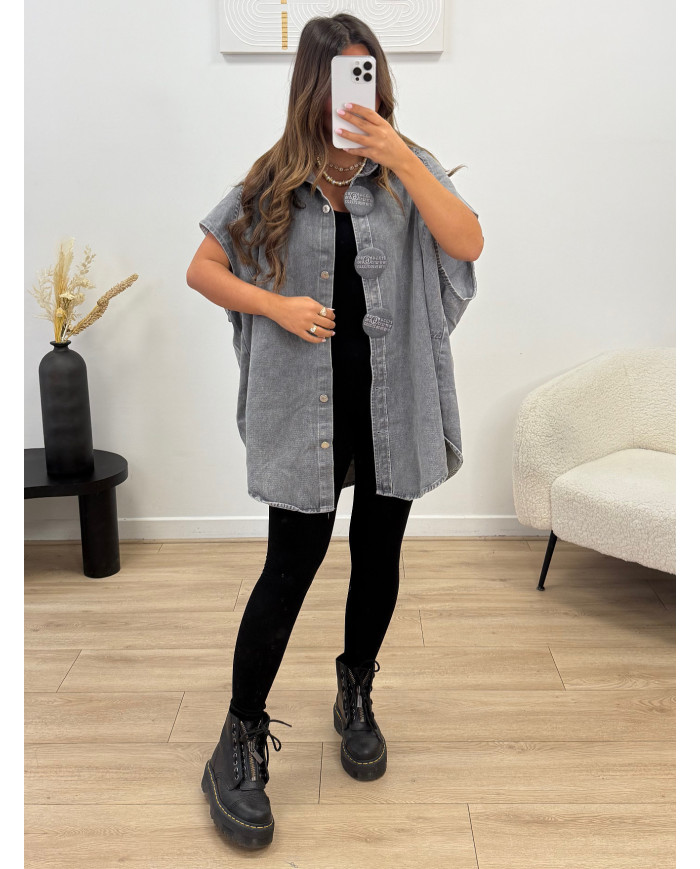 Veste en jean sans manches oversize Grise