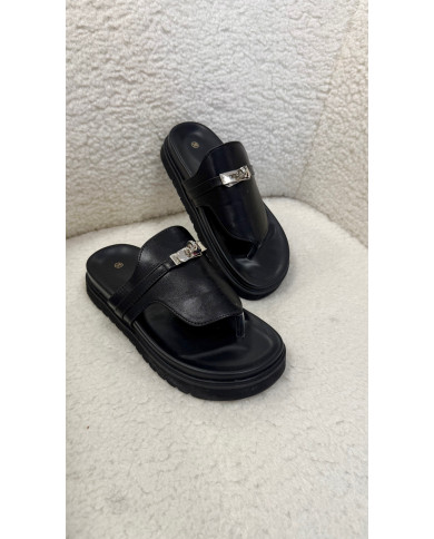 Tong Noir Simili plate-forme boucle argent