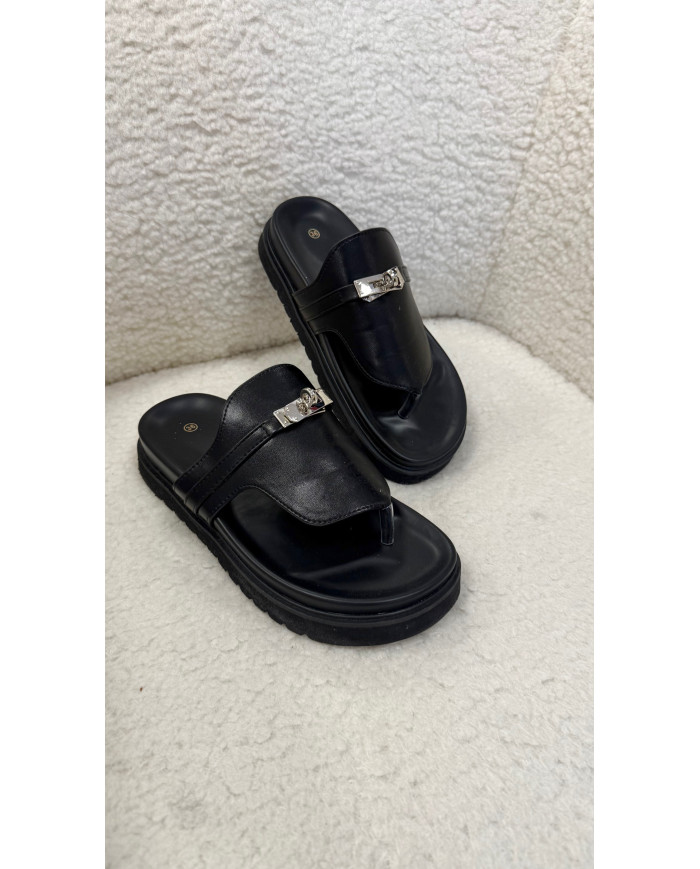 Tong Noir Simili plate-forme boucle argent