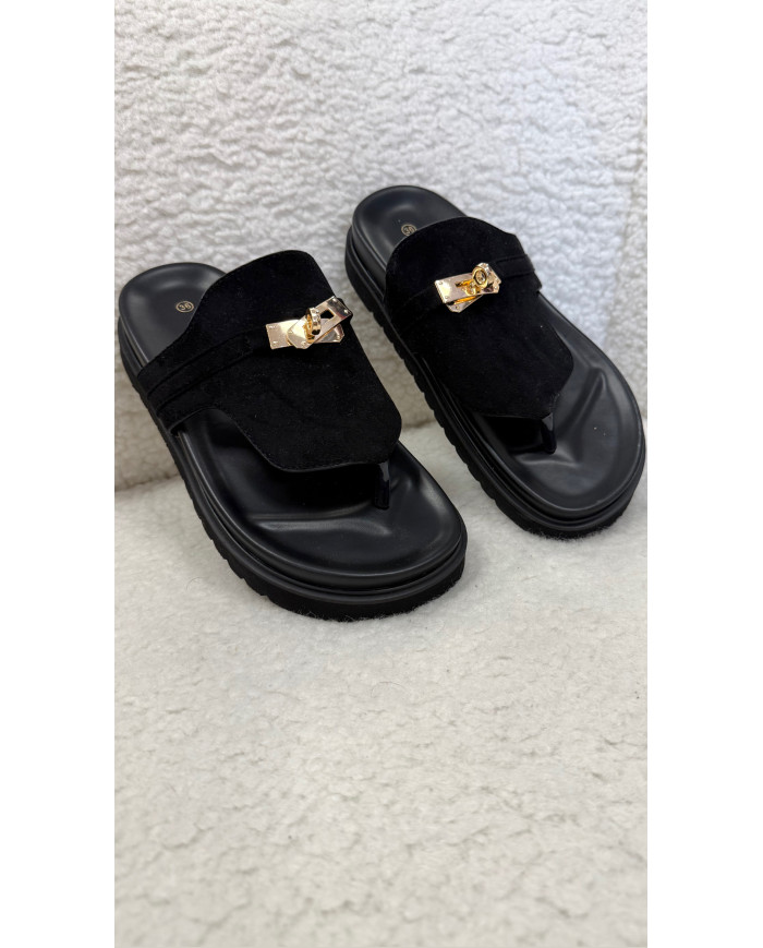 Tong noir velour plate-forme boucle doré